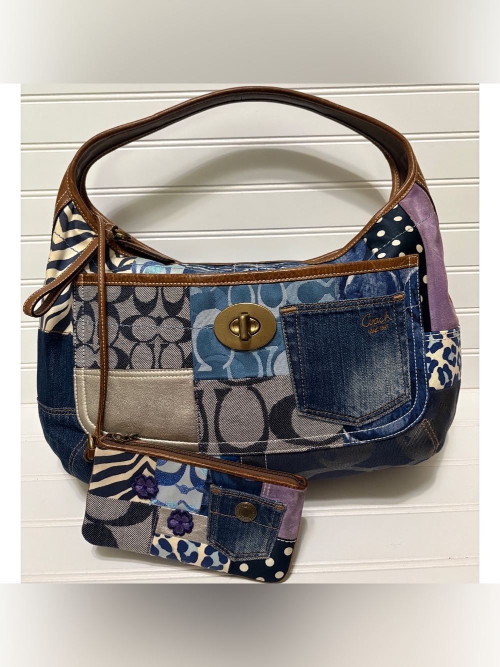 COACH ERGO Blue Denim Patchwork XL HOBO Vintage Y2K Shoulder Bag Wristlet 10809